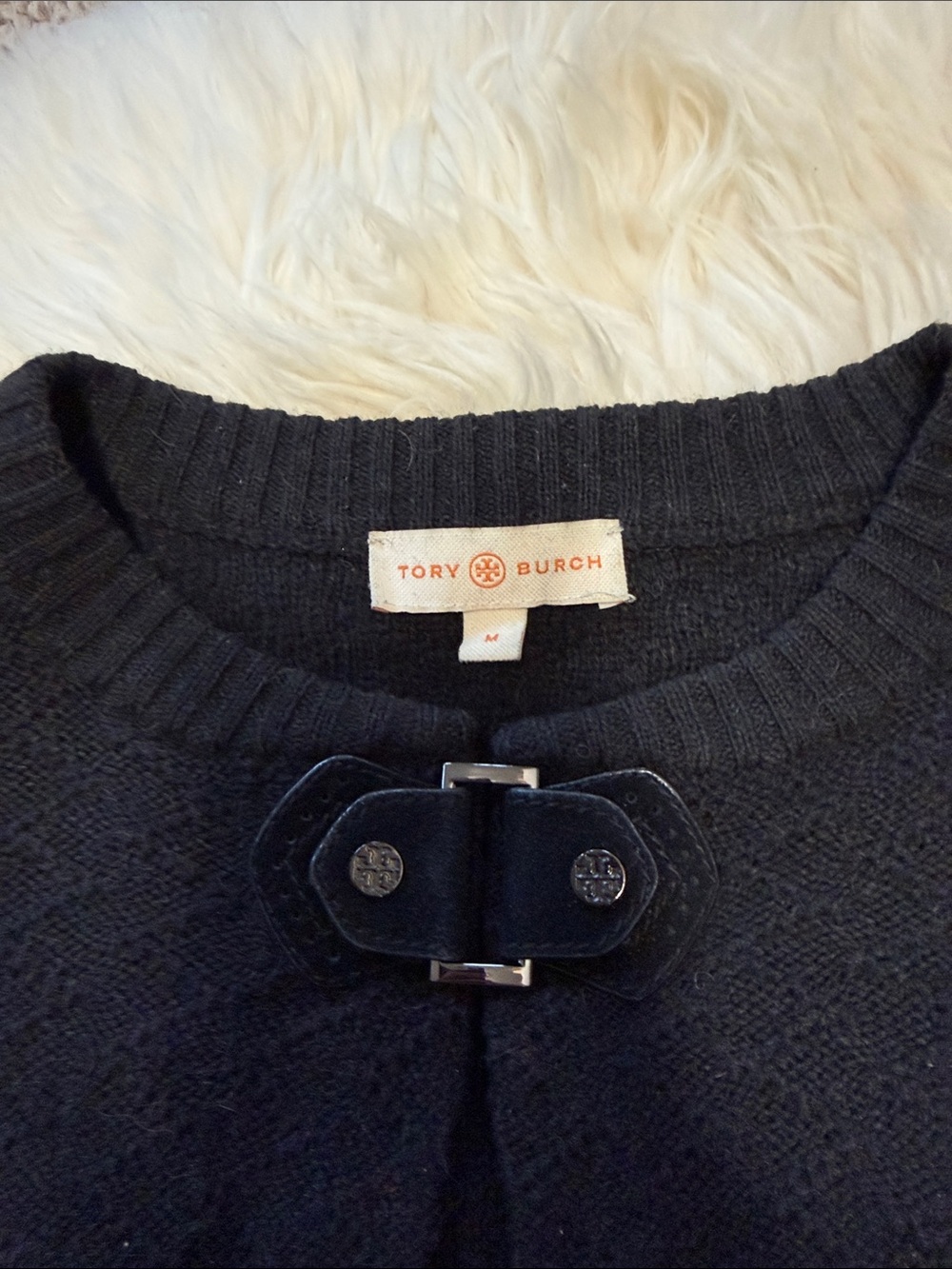 Tory Burch Women's Black Textured Knit Long-Sleeve Top with Insignia Suede Clasp